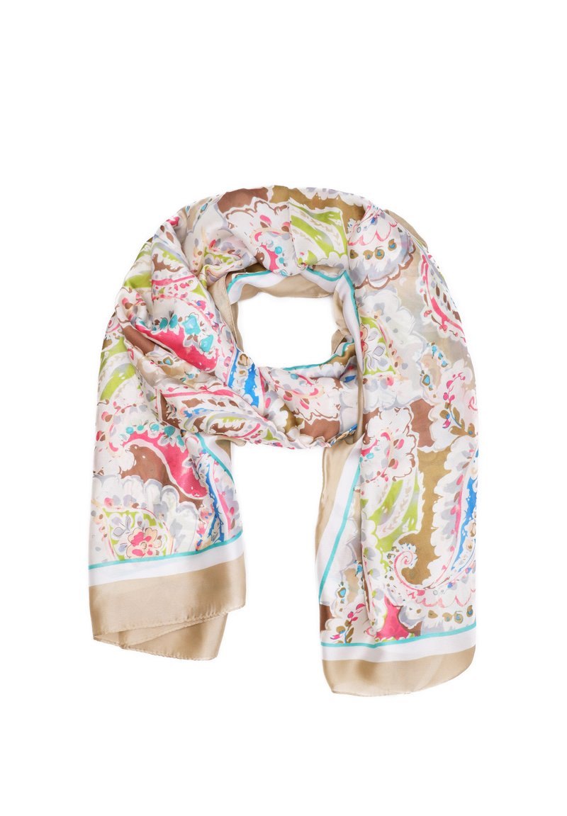 Foulard di seta con motivo paisley nei colori rosa, verde, marrone e blu, rifinito con un bordo beige e caratterizzato da una texture liscia e lucente.