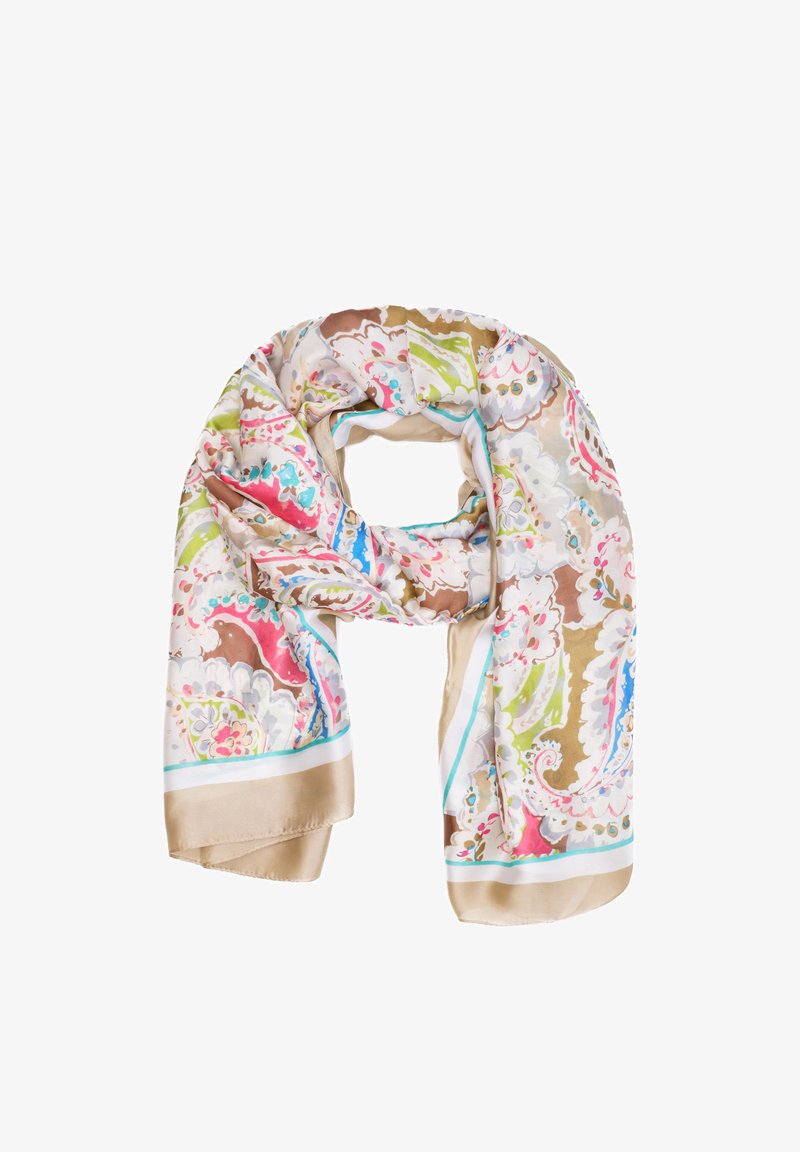 Foulard di seta con motivo paisley nei colori rosa, verde, marrone e blu, rifinito con un bordo beige e caratterizzato da una texture liscia e lucente.