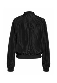 Veste bomber en satin noir avec col, poignets et ourlet côtelés, vue de dos avec manches longues et texture de tissu lisse.