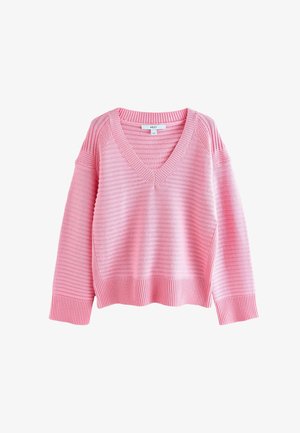 Roosa silmkoeline sveter V-kaelusega, soonikkoes mansetid ja tekstuuriga triibuline muster. Lahtine lõige ja langenud õmblused.