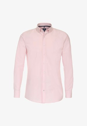 Jasnoróżowa koszula z długim rękawem, wykonana z bawełny, z kołnierzykiem zapinanym na guziki, listwą guzikową z przodu oraz mankietami z jednym guzikiem.