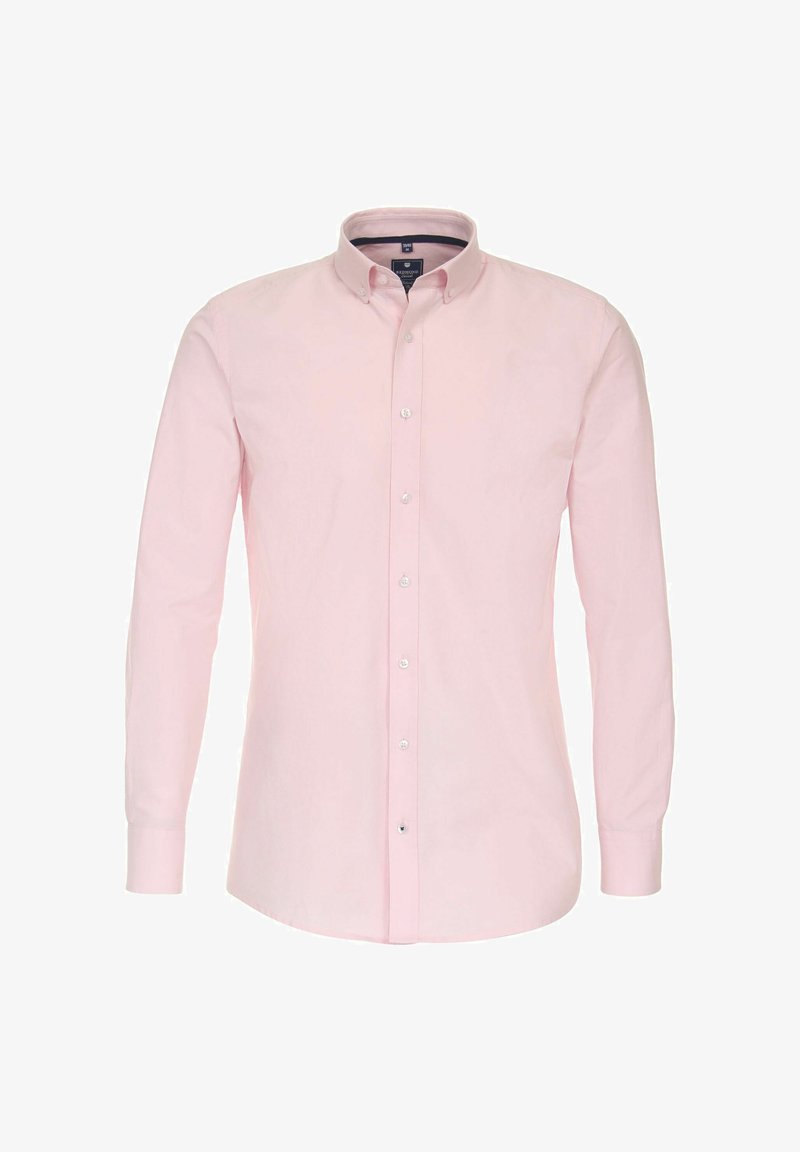 Jasnoróżowa koszula z długim rękawem, wykonana z bawełny, z kołnierzykiem zapinanym na guziki, listwą guzikową z przodu oraz mankietami z jednym guzikiem.