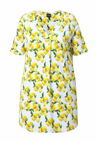 Abito a maniche corte con motivo di limoni su sfondo bianco, design a scollo a V e vestibilità comoda e rilassata.