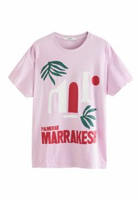 Roosa puuvillane T-särk, millel on julged trükised roheliste lehtede, punaste ringide ning kontrastsete punaste tähtedega "PALMERA" ja "MARRAKESH".