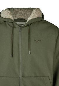 Olive green hooded jacket with a zip closure, featuring a soft, cream-colored sherpa lining and embroidered logo on the chest.