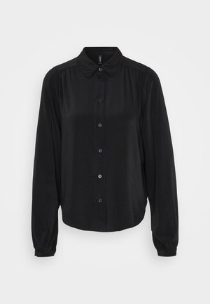 Black long-sleeve button-up shirt in soft fabric. Features a classic collar, front placket, and slightly gathered shoulders.