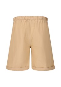 Beige bomullsshorts med elastisk midja, med en rullad nederkant. Slät textur och avslappnad design, lämplig för varmt väder.