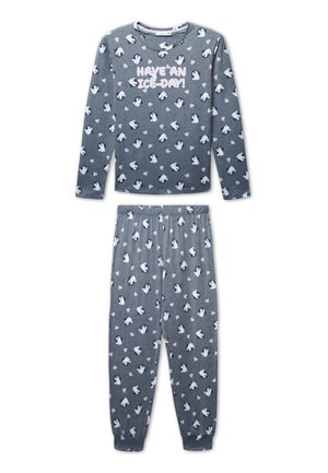 Pigiama grigio con maniche lunghe e pantaloni con vita elasticizzata, decorato con pinguini e cuori rosa, con la scritta "PASSA UNA GIORNATA FREDDA!" stampata sopra.