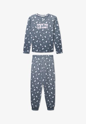 Pigiama grigio con maniche lunghe e pantaloni con vita elasticizzata, decorato con pinguini e cuori rosa, con la scritta "PASSA UNA GIORNATA FREDDA!" stampata sopra.