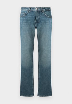Blå denimjeans med høyt liv, femlommersstil og rette ben med subtil falming fra lår til kant.