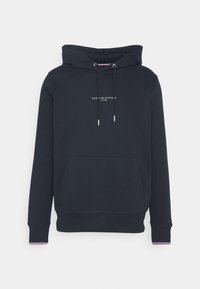 Felpa con cappuccio blu navy realizzata in morbido tessuto, dotata di tasca anteriore e punte in argento sui cordini, con un logo al centro.