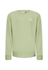Felpa verde chiaro realizzata in materiale morbido. Presenta maniche lunghe, collo rotondo, polsini a coste e un piccolo logo bianco sul petto sinistro.