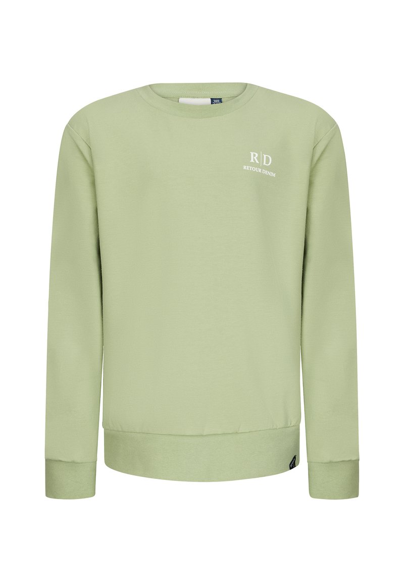 Felpa verde chiaro realizzata in materiale morbido. Presenta maniche lunghe, collo rotondo, polsini a coste e un piccolo logo bianco sul petto sinistro.