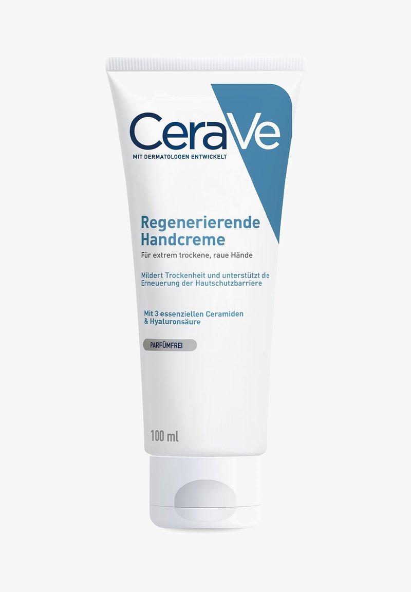 CeraVe regenerating hand cream tube, 100 ml, fragrance-free, for very dry rough hands, contains ceramides and hyaluronic acid, supports skin barrier.