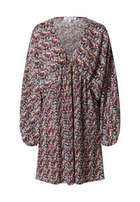 Blumenkleid mit V-Ausschnitt, plissiertem Design und losen Ärmeln. Mehrfarbiger Druck mit roten, gelben und blauen Blumen auf einem dunklen Hintergrund.