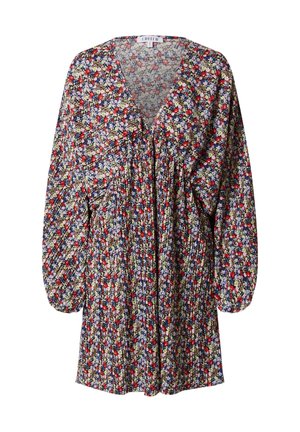 Bloemenjurk met een V-hals, geplooid ontwerp en losse mouwen. Multicolor print met rode, gele en blauwe bloemen op een donkere achtergrond.