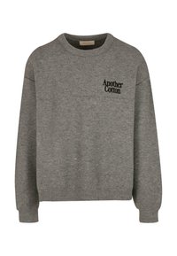 Maglione grigio realizzato in tessuto a maglia, con scollo rotondo, polsini e orlo a coste, con logo "Another Cotton" in nero sul petto.
