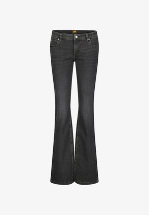 Jeans neri a zampa d'elefante con tasche frontali e posteriori, chiusura con bottone, passanti per cintura e leggeri dettagli sbiaditi.