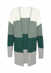 Kötött kardigán, amely színblokkolt mintával rendelkezik fehér, világosszürke, zöld és sötétzöld színekben. Nyitott elülső rész, hosszú ujjak és bordázott textúra.