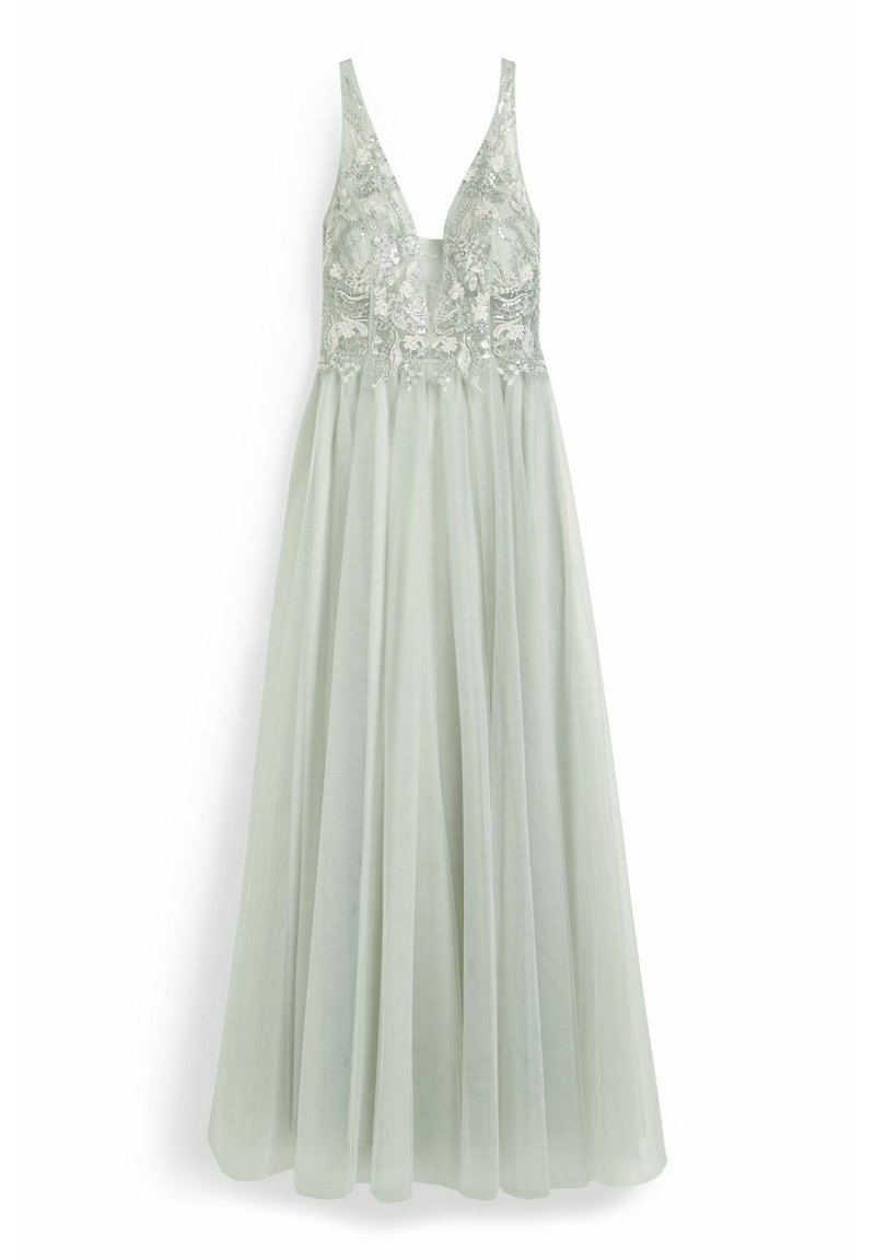 Robe vert menthe avec un décolleté en V profond, corsage orné et jupe fluide en tissu transparent, présentant des broderies complexes et des textures délicates.