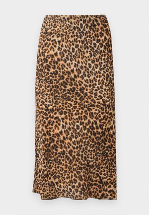 Leopardprint midi-nederdel i nuancer af brun og sort, med en glat tekstur og en slank, skræddersyet silhuet.