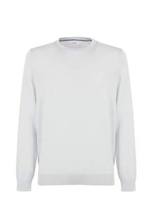 Maglione a maglia grigio chiaro con colletto rotondo, maniche lunghe e polsini a coste. Dettaglio logo discreto nella zona del petto, texture liscia.