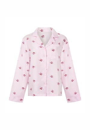 Rosa langärmliges Hemd aus leichtem Stoff mit verstreuten roten Schleifenmustern, einem Kragen und einer Vordertasche. Knöpfe auf der Vorderseite.