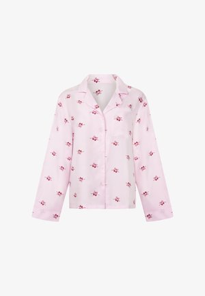 Rosa langärmliges Hemd aus leichtem Stoff mit verstreuten roten Schleifenmustern, einem Kragen und einer Vordertasche. Knöpfe auf der Vorderseite.