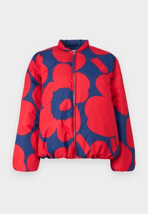 Red and navy puffer jacket with large floral patterns, featuring a zip front, a stand collar, and elasticized cuffs and hem.