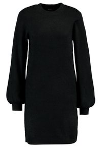 Robe pull noire en tricot avec un col rond, des manches longues bouffantes et des poignets côtelés. Texture douce avec une coupe décontractée.