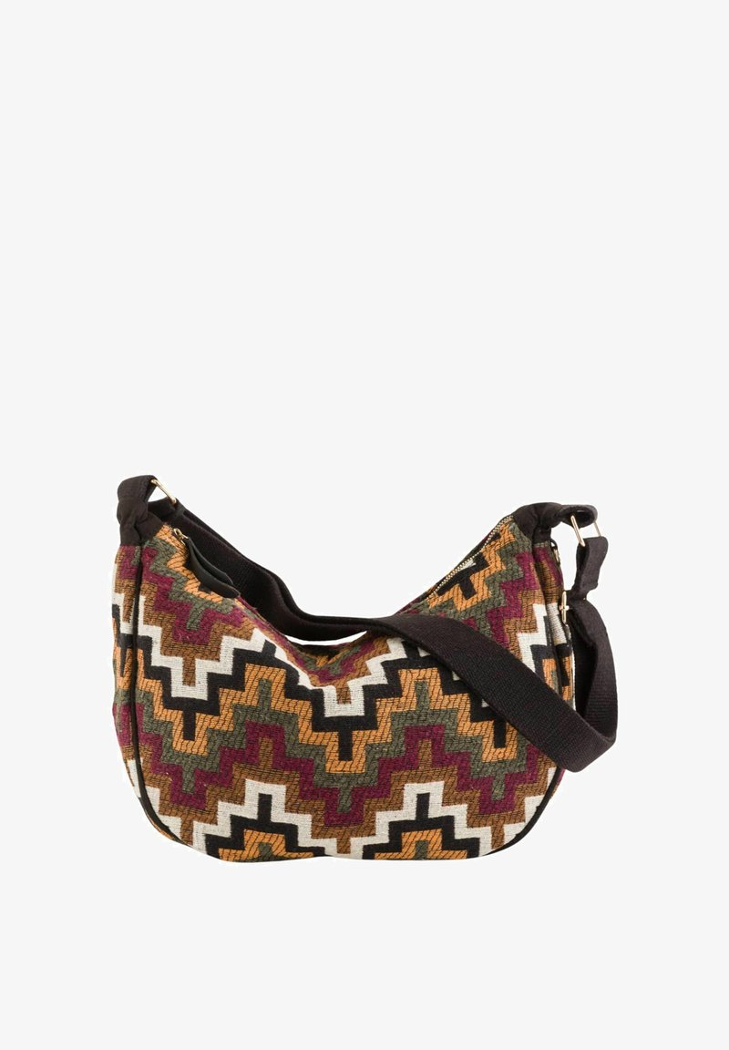Torba na ramię z teksturowanej tkaniny z wzorem zygzaków w kolorach bordowym, pomarańczowym, czarnym i białym, z ciemnym paskiem i zamknięciem na zamek.
