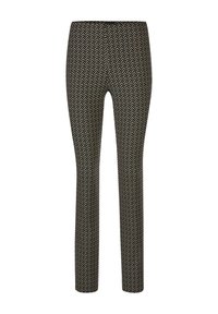 Strakke zwarte broek met een herhalend wit chevrondesign, rechte benen en een middelhoge taille.