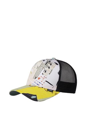 Trucker cap with a multi-patterned fabric front featuring light colors and graphics, black mesh back, and a yellow bill with accents.