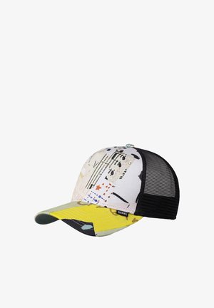 Trucker cap with a multi-patterned fabric front featuring light colors and graphics, black mesh back, and a yellow bill with accents.