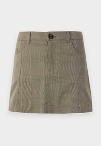 Karirana mini krila v odtenkih rjave in bež, z gumbom za zapiranje, dvema stranskima žepoma in ravnim krojem. Teksturovana tkanina.