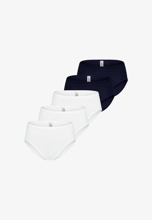 Cinq culottes en coton pour femmes disposées en rangée décalée, avec trois paires blanches à l'avant et deux paires noires derrière.