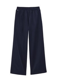 Tumši zili platā stilā bikses ar elastīgu jostas apgāšanu un mazu sirdis uzlīmi kreisajā augšējā stūrī.