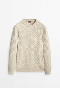 Beige gestrickter Pullover mit strukturiertem Rautenmuster, rundem Halsausschnitt und gerippten Bündchen und Saum. Hergestellt aus weichem, warmem Material.