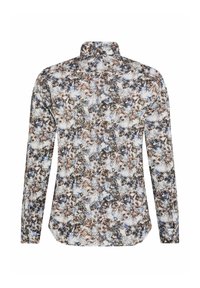 Camicia a maniche lunghe con stampa floreale su base bianca, caratterizzata da fiori blu, marroni e neri. Colletto classico e dettagli con polsini a bottoni.