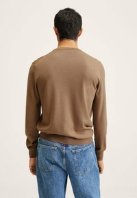 Maglione a maglia marrone con scollatura rotonda, polsini e orlo a costine. Indossato con jeans azzurri, visto da dietro.