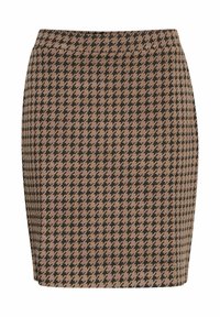 Teksturna krila v houndstooth vzorcu v črni in bež barvi. Prilegačeva zasnova, dolžina do kolen, ima gladek pas.
