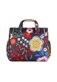 Bloemenmotief tas met donkere achtergrond, korte handvaten, twee ritssluitingen en verschillende kleurrijke bloemenpatronen. Textuurstof afwerking.