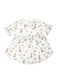 Sukienka z krótkim rękawem wykonana z miękkiej białej tkaniny z nadrukiem kwiatowym i zajączkami. Posiada okrągły dekolt i rozkloszowaną spódnicę z falbankami.