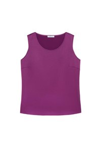Paarse mouwloze top met een ronde halslijn, een gladde textuur en een zijzakdetail. De stof lijkt licht en afgewerkt.