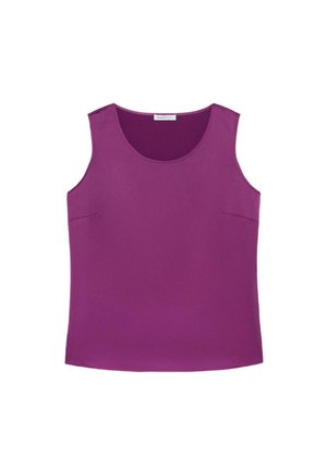 Haut sans manches violet avec un col rond, une texture lisse et un détail de poche latérale. Le tissu semble léger et raffiné.