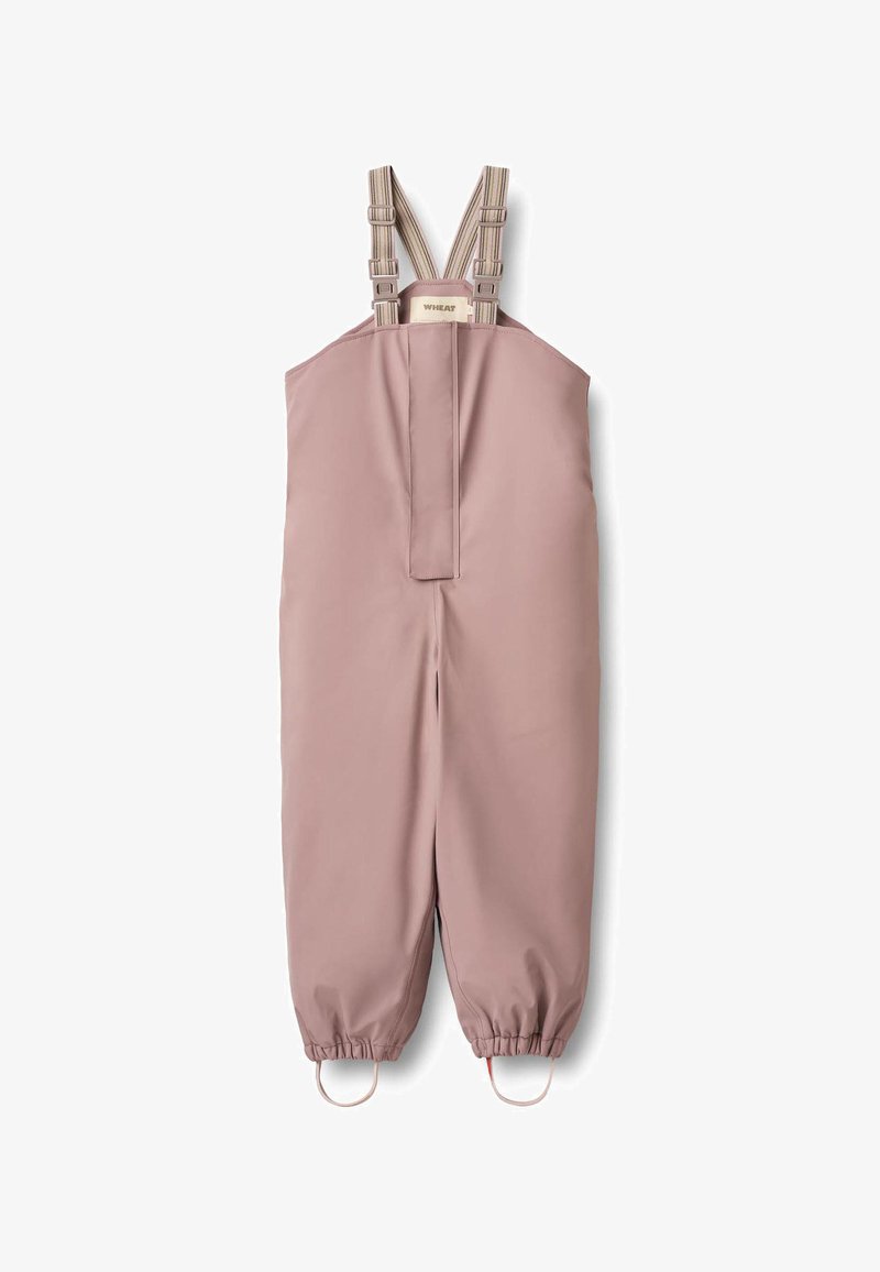 Roze waterdichte overall met verstelbare bandjes, elastische enkels en een gladde textuur. Voorzien van een centrale achteropening en haakjes.