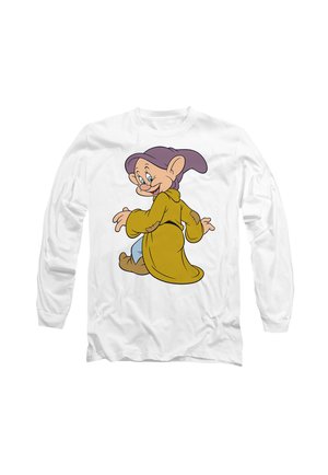 Long-sleeve white shirt featuring a cartoon character with a purple hat and yellow robe, smiling while turning to the side.