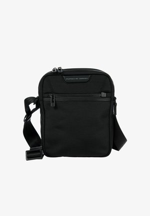 Borsa a tracolla nera Porsche Design con tracolla regolabile, tasca anteriore con cerniera e doppio scomparto superiore con zip.