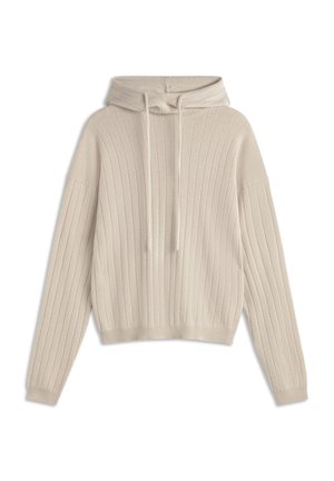 Hoodie a coste beige con maniche lunghe e coulisse, caratterizzato da una vestibilità leggermente cropped e logo del marchio sulla manica.