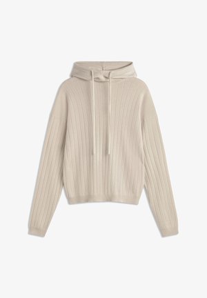 Sudadera de punto acanalado beige con mangas largas y cordones, que presenta un corte ligeramente cropped y el logo de la marca en la manga.